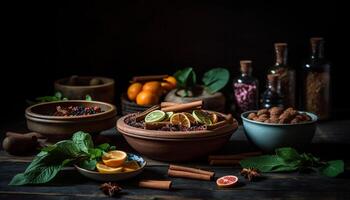 A rustic wooden bowl filled with fresh organic fruit salad generated by AI photo