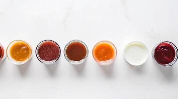 Various sauces, marinades and dressings in small bowls in a row, white background. . photo