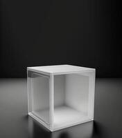 Empty podium pedestal transparent cube for product presentation, dark background. . photo