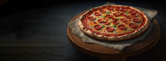Pepperoni pizza, cut into pieces, dark background. Traditional Italian cuisine. . photo