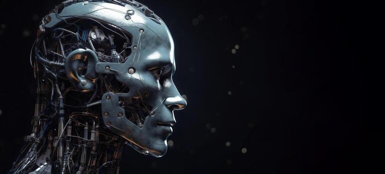 Artificial intelligence, composition of a chrome cyborg robot on a dark background, isolate. . photo