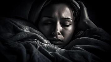 concepto de insomnio. mujer lo hace no dormir a noche en cama en ligero de Luna. ai generado. foto