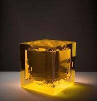 Empty podium pedestal black and yellow transparent cube for product presentation. . photo
