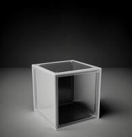 Empty podium pedestal transparent cube for product presentation, dark background. . photo