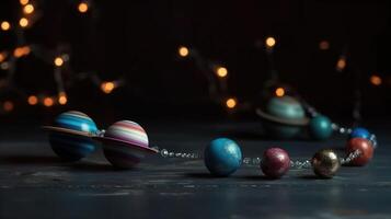 Christmas New Year's toy ball planet Earth, colored garlands. Save the world concept. . photo