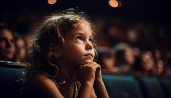 One cute Caucasian girl sitting, watching stage performance, smiling happily generated by AI photo