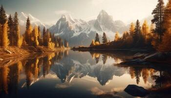 un tranquilo escena de un majestuoso montaña rango reflejando en agua generado por ai foto