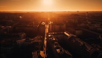 Panoramic cityscape at dusk famous skyline illuminated by sunset generated by AI photo