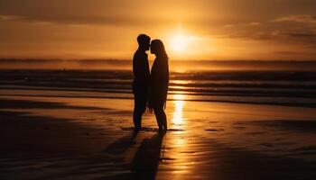 un romántico puesta de sol abraza amar, unión, y felicidad al aire libre generado por ai foto