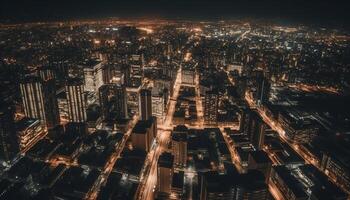 ciudad horizonte brilla con iluminado rascacielos en largo exposición Disparo generado por ai foto