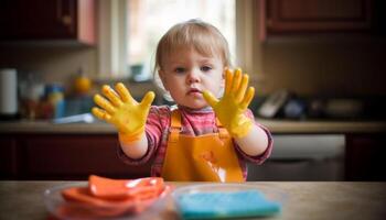 Cute toddler enjoys messy baking fun in domestic kitchen playtime generated by AI photo