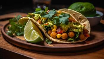 Freshly grilled beef taco with lime, avocado, and cilantro salad generated by AI photo