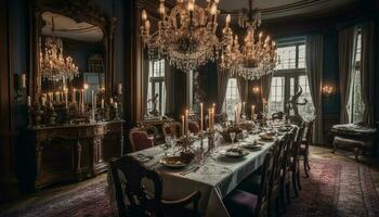 Luxury dining room with ornate chandelier, comfortable chairs, and candlelight generated by AI photo