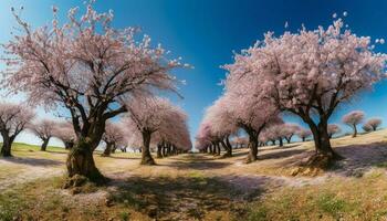 Tranquil meadow, cherry blossom, fresh springtime growth in rural landscape generated by AI photo