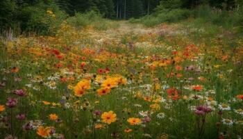 vibrante flores silvestres floración en tranquilo prado, rodeado por verde bosque generado por ai foto