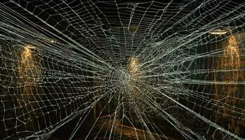 Glowing spider web spins spooky pattern in dark night outdoors generated by AI photo