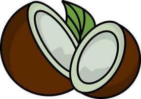 Broken Coconut With Leaf Flat Icon. vector