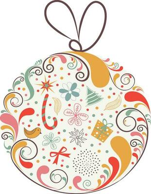 Colorful floral elements and Christmas icon decorated ball.