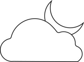 Black line art cloud with moon in flat style. vector