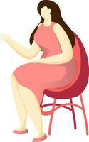 Modern faceless woman character showing hand sitting on chair. vector