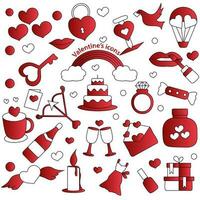 Set Of Valentine's Icon In Red And White Color. vector