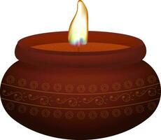 Burning Candle Clay Pot Brown Floral Element In 3D Render Style. vector