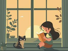 linda niña personaje leyendo un libro cerca gato sentado y planta florero en Dom ventana antecedentes. vector