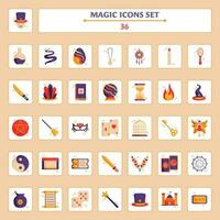 Flat Style Magic 36 Icon Set On White And Peach Square Background. vector