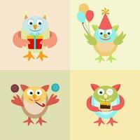 Set of four birthday character of cartoon birds with gift, balloons, candy and cake on colorful background. vector