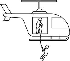 Character of man climbing wiith rope on helicopter. vector