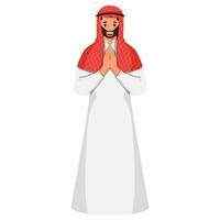 Arabian Man Doing Namaste Welcome In Standing Pose. vector