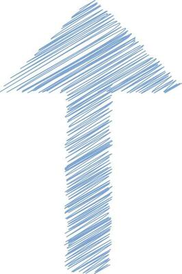 Doodle sketch of up arrow in blue color.