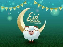 Eid al-Adha Mubarak festival de sacrificio concepto con papel oveja personaje, dorado creciente Luna y verderón banderas decorado en verde bokeh mandala modelo antecedentes. vector