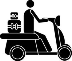 Character of faceless delivery boy sitting on scooter with boxes. vector