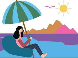 Girl sitting on the beach with a cup of hot tea. vector