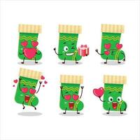 Green christmas socks cartoon character with love cute emoticon vector