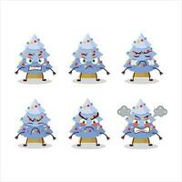 Blue christmas tree cartoon character with various angry expressions vector