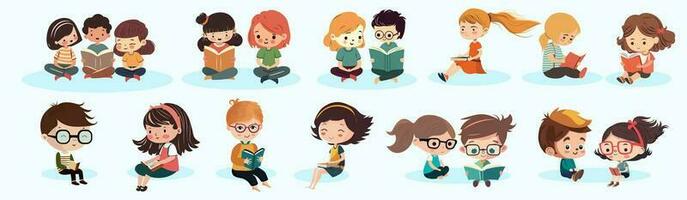 Set of Kids Sitting On Cloud And Reading Book. vector