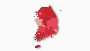 Politic map of South Korea appears and disappears in red colors isolated on white background. South Korea map showing different divided states. State map. video