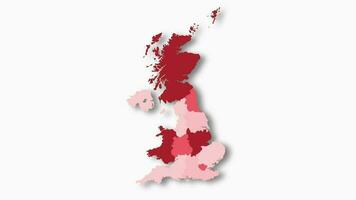 Politic map of United Kingdom appears and disappears in red colors isolated on white background. United Kingdom map showing different divided states. State map. video