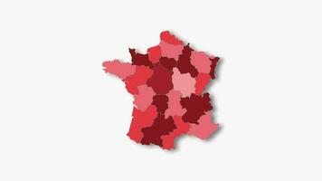 Politic map of France appears and disappears in red colors isolated on white background. France map showing different divided states. State map. video