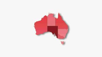 Politic map of Australia appears and disappears in red colors isolated on white background. Australia map showing different divided states. State map video
