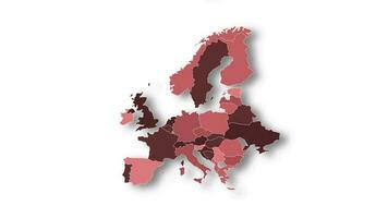 politiek kaart van Europa verschijnt en verdwijnt in rood kleuren geïsoleerd Aan wit achtergrond. Europa kaart tonen verschillend landen. continent kaart video