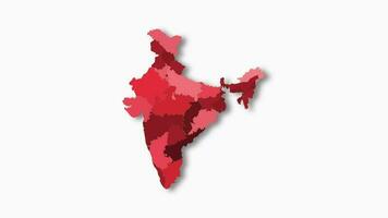 Politic map of India appears and disappears in red colors isolated on white background. India map showing different divided states. State map video