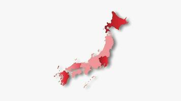 Politic map of Japan appears and disappears in red colors isolated on white background. Japan map showing different divided states. State map. video