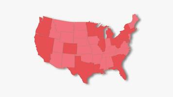 Politic map of United States of America appears and disappers in red colors isolated on white background. USA map showing different divided states. State map video