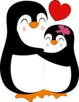 Cute Loving Penguin Couple Hugging With Heart On White Background. vector