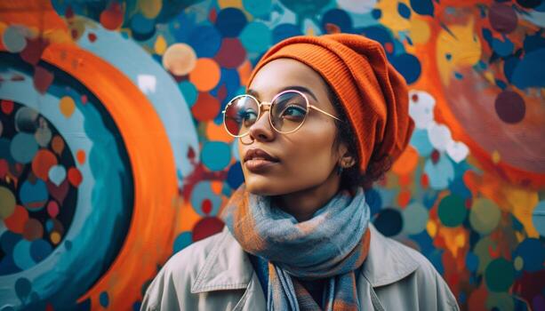 One fashionable young adult woman, outdoors, smiling with confidence generated by AI photo