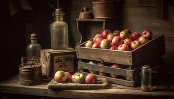 maduro Fruta en rústico caja, un sano otoño cosecha escena generado por ai foto