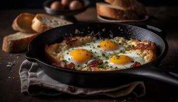 Freshly cooked gourmet meal on rustic cast iron frying pan generated by AI photo